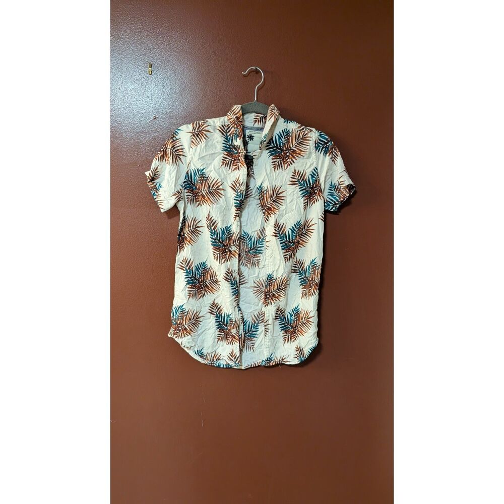 Free Planet XS Tropical Palm Leaf Button Down Shirt Cream Teal Resort